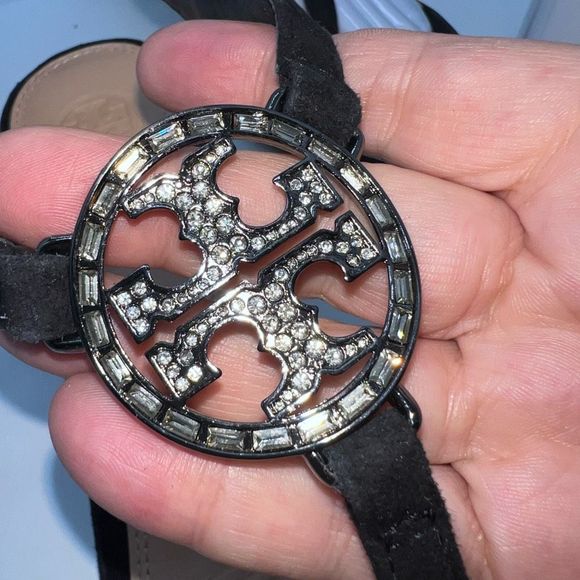 Tory Burch Suede T Strap Rhinestone Logo Sandals - Picture 11 of 15